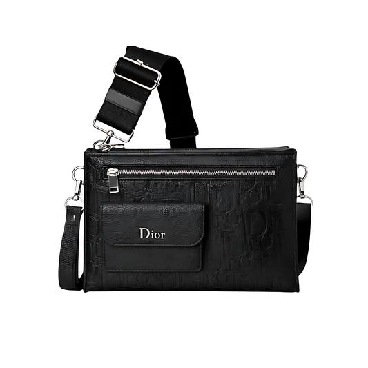 Dior Clutch | Oblique Embossed Leather Zip Black - View 1