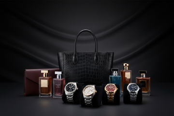 Premium hero image with luxury watches, perfumes, and bags, dark elegant background, soft lighting, modern and professional luxury e-commerce style.